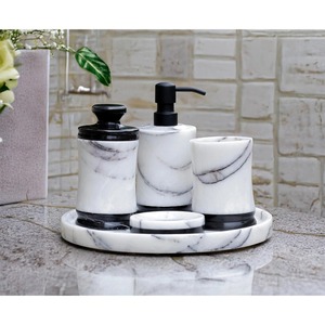 Ensemble de salle de bain en marbre Assured, quatre pièces, distributeur de savon rond moderne, porte-brosse à dents, plateau, facile à nettoyer - Product Image 1