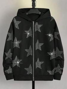 Sudadera Negra con Capucha y Cremallera, Estampado de Estrellas con Pedrería, Unisex, Oversize, Casual, de Invierno, Tejida, de Poliéster, Corte Holgado, Ecológica - Product Image 4