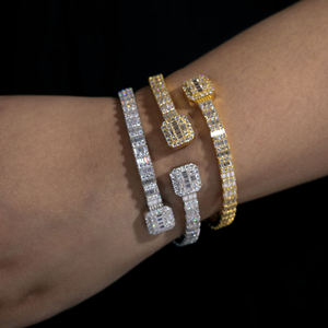 Luxury 925 <b>Silver</b> <b>Cuff</b> <b>Bracelets</b> Emerald Cut Crystal Channel Setting Lock Design Gold Plated Unisex Party Jewelry - Product Image 1