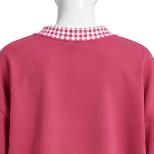 Mens Rose <b>Pink</b> Oversized Crewneck <b>Sweatshirt</b> With Checkered Neckline And Cuffs Long Sleeve Graphic Pullover Casual Fashion Top - Product Image 4