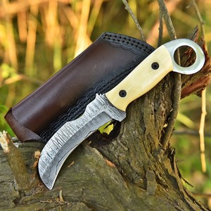 Hand Forged Damascus Steel Bushcraft <b>Knife</b> Camel <b>Bone</b> <b>Handle</b> Full Tang Hawkbill <b>Knife</b> with Leather Sheath Custom OEM - Product Image 1
