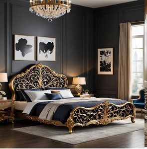 Cama moderna de madera con detalles tradicionales y patas robustas con tallados de loto. Disponible a precios de mayorista. - Product Image 4