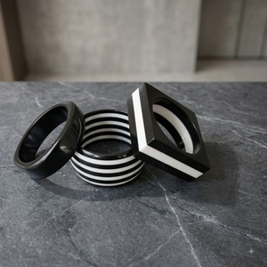 Black & White Resin Acrylic Lucite <b>Bangles</b> & <b>Bracelets</b> | Trendy Geometric Striped Women's Party Jewelry - Product Image 3