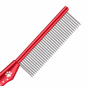 Peigne de toilettage pour animaux de compagnie en plastique rouge avec dents en acier inoxydable et poignée à motif de patte, réutilisable et imperméable pour le soin des poils de chiens et de chats - Product Image 3