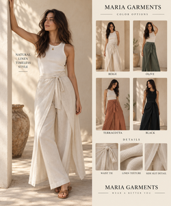 Tenues d'été décontractées chic et modernes pour femmes - Débardeur blanc côtelé en spandex respirant et pantalon ample à taille élastique avec superposition - Product Image 3