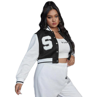 Kedatangan Terbaru Jaket Varsity Wanita Nyaman Warna Hitam dan Putih dengan Logo Huruf Lengan Panjang Kerah Berkancing Jaket Varsity