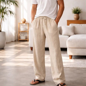 Men Premium Beige Cotton Linen Blend Relaxed Fit <b>Drawstring</b> <b>Trousers</b> Effortless Style And Breathable Lightweight Fabric Pant - Product Image 1