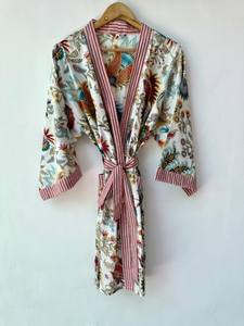 Bata Kimono de Algodón 100% con Estampado de Bloques y Dibujos Animados para Mujer, Suave y Transpirable, Camisón de Verano Hecho a Mano, Cuello en V Elástico, ODM - Product Image 2