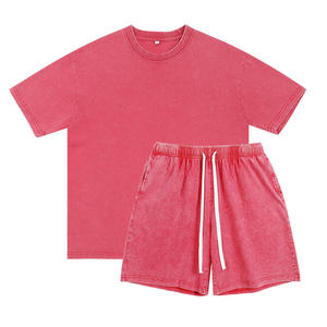 Ensemble T-shirt et short en coton écologique pour homme, col rond, couleur unie, décontracté, tricoté, streetwear d'été avec cordon de serrage - Product Image 5