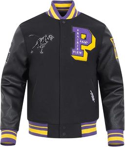 Chaqueta Universitaria Negra de los Prairie View A&M Panthers con Ribete Morado y Amarillo, Logotipo Bordado, Cuello Redondo, Ropa Deportiva de Invierno para Adultos - Product Image 1