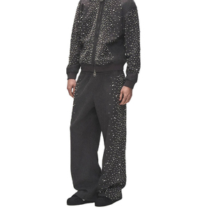 Pantalon de survêtement en coton noir pour homme, doublure polaire écologique, avec cordon de serrage à la taille, broderie, style décontracté hiver - Product Image 1