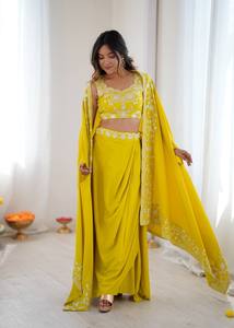 ชุด dhoti แบบบิดสไตล์ตะวันตก dhoti choli แนวเฟรนช์ฟิวชั่นเทศกาล dhoti ผ้าฝรั่งเศสเลื้อยที่ดีที่สุดสำหรับงานแต่งงานและงานเทศกาล - Product Image 3