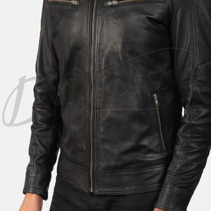Blouson en cuir noir pour homme, véritable peau de mouton, coupe ajustée, style motard superposé, décontracté, automne-hiver - Product Image 6