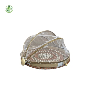 Woven straw food <b>cover</b> with orange pattern Kitchenware and <b>table</b> decoration Wholesale eco-friendly Made in Vietnam - Product Image 2