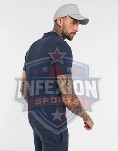 Men's Navy Blue Short Sleeve Polo Shirt Solid Color Cotton Casual Style Regular Fit Button <b>Down</b> Collar Design - Product Image 4