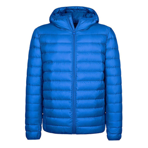 Chaqueta Acolchada con Capucha Azul para Hombre, Cortavientos, Rellena de Plumón, Cierre de Cremallera, Abrigo Casual de Invierno, Corte Regular, Color Sólido, Exterior de Poliéster - Product Image 1