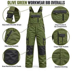 Workshop Work Bib Overalls <b>Men</b> Adjustable Straps Chest Zip Pocket Cargo Storage Knee Reinforcement Industrial Workwear <b>Dungarees</b> - Product Image 4