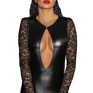 Black PU Leather Bodycon Dress With Lace Long Sleeves Deep V Neck Cut-Outs Fitted Sexy Party Wear - Product Image 3