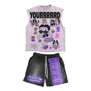 Conjunto de 2 piezas para hombre con efecto desgastado y lavado ácido, sin mangas, con dobladillo sin rematar, con logotipo personalizado, compuesto por camiseta sin mangas y pantalones cortos. - Product Image 3