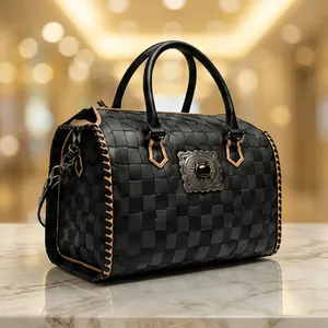 Sac à main de luxe en cuir véritable pour femme, motif losanges, chaînes décoratives, deux anses, fermeture éclair, grande taille, vente en gros - Product Image 2