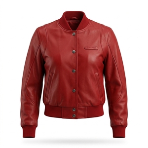 Red <b>Women</b> Genuine Leather <b>Bomber</b> <b>Varsity</b> <b>Jacket</b> Custom Made To Order OEM Metal Button Ribbed Trim Soft Sheepskin Coat - Product Image 1