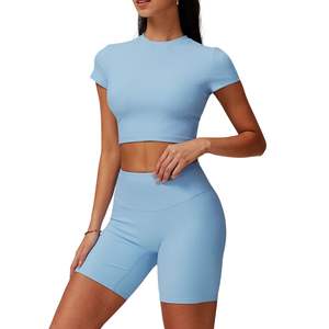 Custom Wholesale Women Round Neck Crop Top & Shorts Set Elastic Cuff Stripe <b>Tight</b> Plain Yoga Fitness Set - Product Image 1
