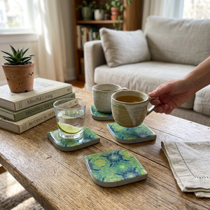 Handmade Wholesale Custom Marble <b>Coaster</b> Set <b>Green</b> Blue Mandala Print Non-Toxic Eco-Friendly Soft-Square Natural Stone Drink - Product Image 4