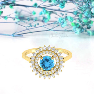 Anillo de compromiso Chordia Jewels de oro sólido de 14k con topacio azul suizo y halo de diamantes para mujer, estilo floral vintage, joyería fina con piedras preciosas. - Product Image 6