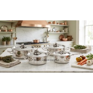 Ensemble de 4 casseroles Ruffoni de qualité supérieure en acier inoxydable texturé martelé, finition argentée brillante et polie, avec couvercles pour légumes - Product Image 1
