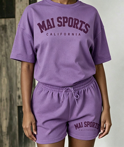 Women's Purple Discharge Printed Logo Crew Neck Short Sleeve <b>Knitted</b> 100% Cotton Breathable Loose Fit Crop Top Shorts <b>Set</b> Y2K - Product Image 6