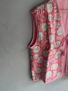 Gilet matelassé en coton à motif floral pour femme, col en V, sans manches, à nouer, veste d'été XL, imprimé rose et blanc, CADEAU POUR ELLE - Product Image 2