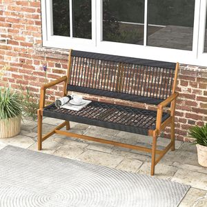 Banc d'extérieur en bois d'acacia pour 2 personnes avec dossier et accoudoirs en corde tressée pour terrasses - Product Image 2