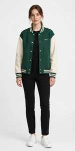 Blouson universitaire d'hiver pour femme en peau de mouton verte, avec blocs de couleur, corps en suède et coton, manches côtelées, lettres brodées, boutons-pression et col montant - Product Image 5