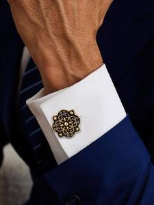 Mancuernillas de Lujo con Baño de Oro y Esmalte Negro con Diseño Floral para Hombre, Accesorios Formales para Camisa, Regalo de Boda o Negocios - Product Image 1