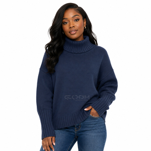 Cosh International Sorority Sisterhood Acrylic <b>Navy</b> Blue Knitted Turtleneck <b>Cardigan</b> Full Sleeve Casual Solid Color Anti-Pilling - Product Image 3