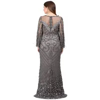 Robe de soirée de luxe à manches longues perlées à la main, élégante, gris anthracite, avec décolleté illusion et détails en plumes, pour bal de promo