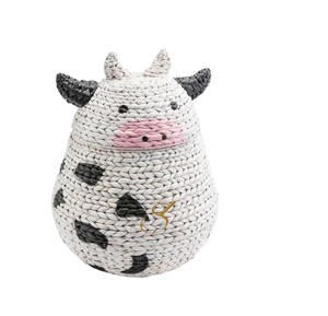 Handwoven Water Hyacinth Cow <b>Basket</b> Animal Shaped Toy Storage Hamper <b>with</b> Removable <b>Lid</b> for Nursery Decor - Product Image 2
