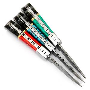 Juego de 3 cuchillos plegables de acero de Damasco con mango turquesa, funda de cuero, cuchillo de bolsillo EDC para caza y camping, cuchillo de regalo personalizado. - Product Image 2