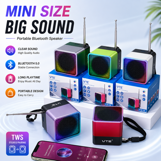 VTE-V9 Mini  Speaker Aluminum Alloy Pocket Soundbox with Telescopic Antenna FM Radio RGB Light Wholesale