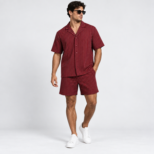 Ensemble chemise et short à rayures pour homme – Coupe ample de qualité supérieure, col cubain, tenue d'été en deux pièces - Product Image 1