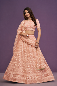 Pink Embroidered Lehenga Set <b>Net</b> Dupatta Crop <b>Top</b> and Skirt Traditional Indian Wedding Outfit - Product Image 3