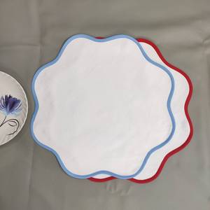 <b>Table</b> Linens PlaceMats White Piping Mats and Cotton <b>round</b> wave scallop <b>cloth</b> cocktail Placemats fathers day gift - Product Image 1
