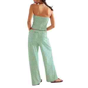 Sexy Ladies Loungewear Women's Green <b>White</b> Striped <b>2</b> <b>Piece</b> <b>Set</b> Strapless Top Full Length Pants Casual Spring Summer Women <b>Sets</b> - Product Image 2