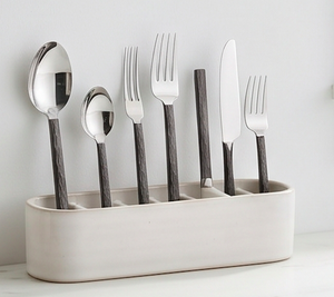 Minimalist Flatware Set With <b>Mirror</b> Polished Metal Heads And <b>Grey</b> Handles Dishwasher Safe For Wedding Or Dining Use - Product Image 3
