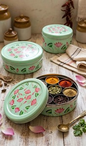 Vintage Style Printed Iron Masala <b>Box</b> Decorative Round Spice Organizer for Home Kitchen Designer <b>Floral</b> Print spice storage Use - Product Image 2