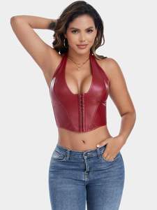 Sujetadores deportivos para mujer, top corto tipo racerback de látex brillante, lencería Wetlook, chaleco sin espalda con tiras de Spandex/Poliéster, a cuadros, talla grande, estilo rave - Product Image 6
