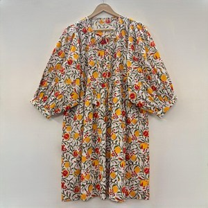 Vestido Midi Informal de Algodón Tejido para Mujer, Mangas Abullonadas, Cintura Imperio, Estilo Babydoll, 100% Algodón, Corte Holgado, Cuello en V, Túnica Floral - Product Image 3