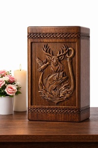 Hand Carved Wooden Cremation Urn for Pet Deer Fish Hunting Theme Eco-Friendly <b>Memorial</b> <b>Box</b> - Product Image 4