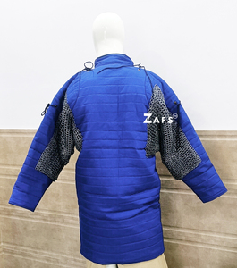 Blue Quilted <b>Jacket</b> With Chainmail Sleeves Stand Collar <b>Long</b> Thick Padded <b>Men's</b> Medieval Gambeson Full Sleeve Coat Padded Armor - Product Image 4