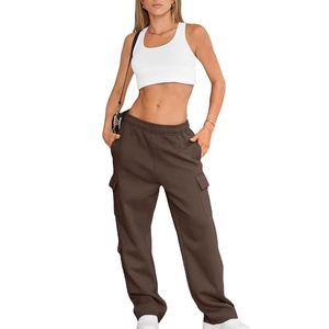 Pantalones Cargo Marrones para Mujer, Corte Holgado, Cintura Elástica, Color Sólido, Largos, Casuales, con Bolsillos, Estilo Otoñal - Product Image 6